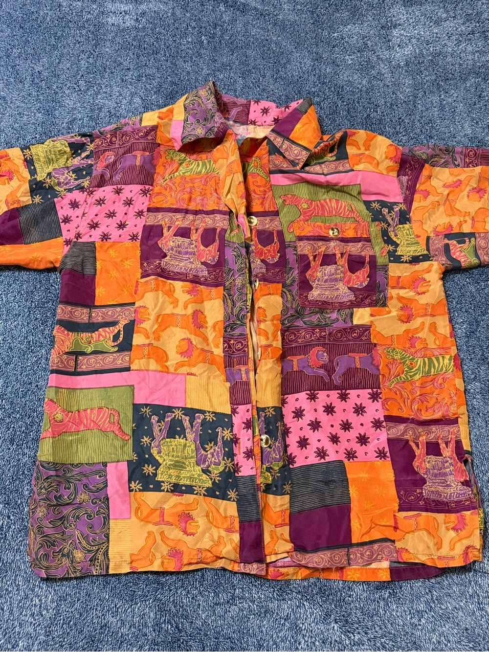 Colorful Patchwork Short Sleeve Button-Up Shirt - Bright Orange & Pink
